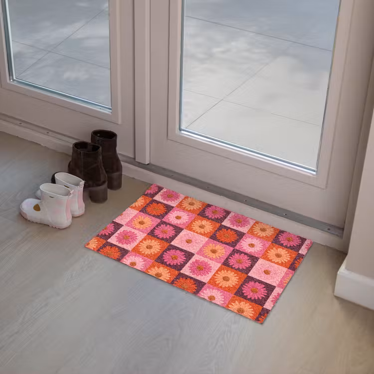 Madeliefjes - Dambord - Retro - Roze - Oranje Deurmat klein 898 -sfeer3