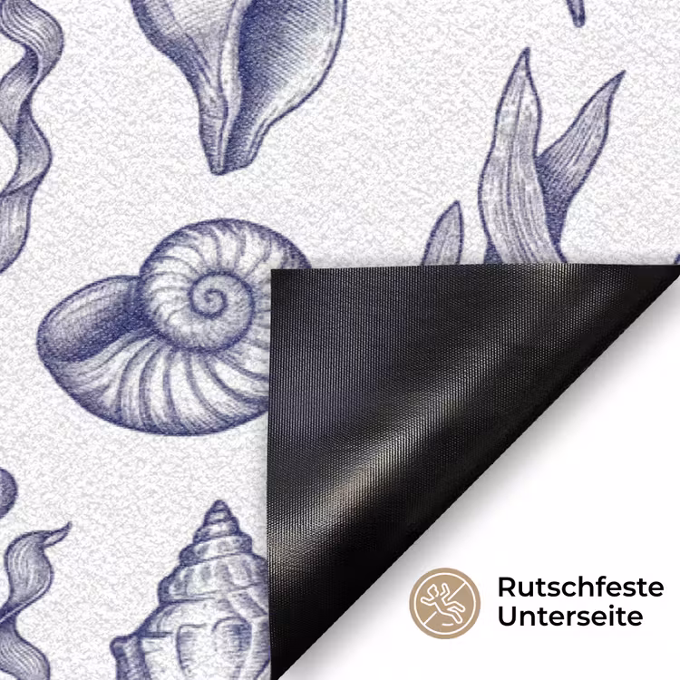 Schelpen - Zeewier - Oceaan - Illustratie - Blauw Deurmat klein -antislip_DE