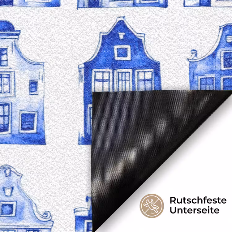Patroon - Huizen - Blauw Deurmat klein 898 -antislip_DE