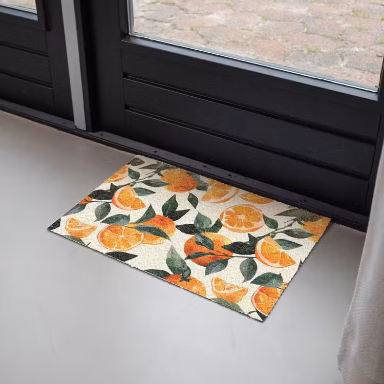 Sinaasappels - Vruchten - Bladeren - Oranje - Groen - Beige Deurmat klein -sfeer2