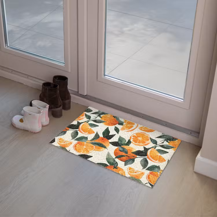 Sinaasappels - Vruchten - Bladeren - Oranje - Groen - Beige Deurmat klein -sfeer3
