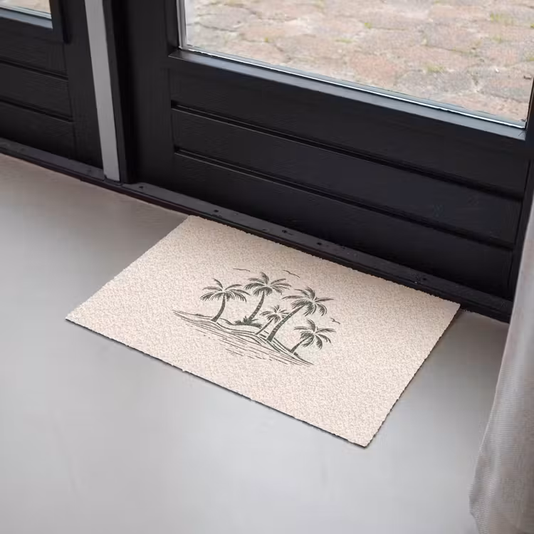 Palmbomen - Strand - Beige - Groen - Tropisch Deurmat klein -sfeer2