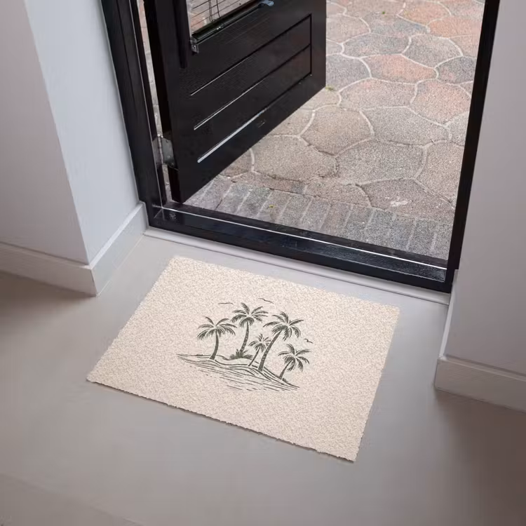 Palmbomen - Strand - Beige - Groen - Tropisch Deurmat klein -sfeer5