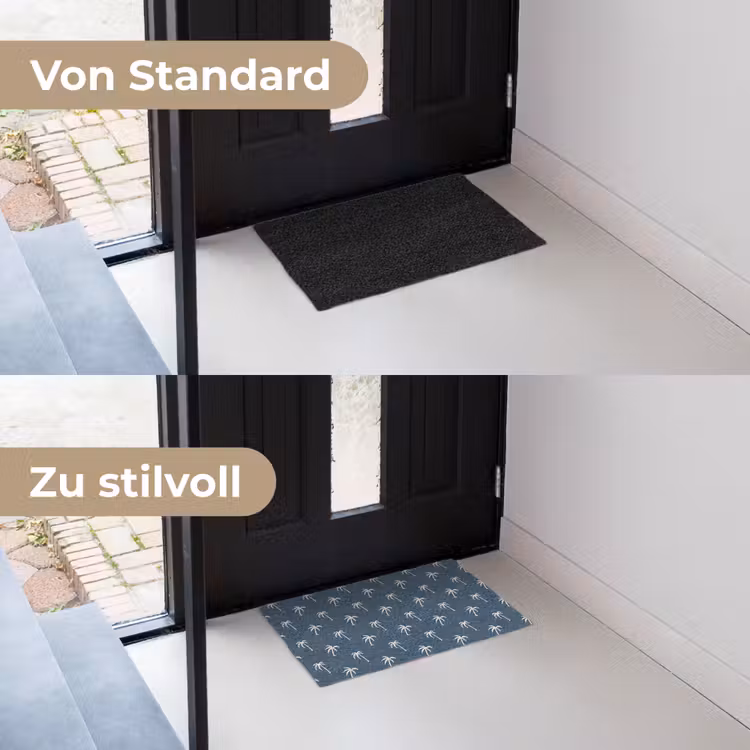 Palmboom patroon - Blauw - Beige - Zomer Deurmat klein -voor-na_DE