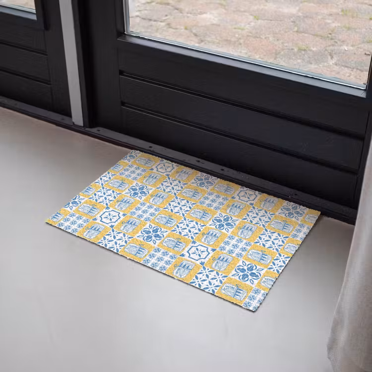 Patroon - Tegel - Geel - Blauw Deurmat klein 898 -sfeer2