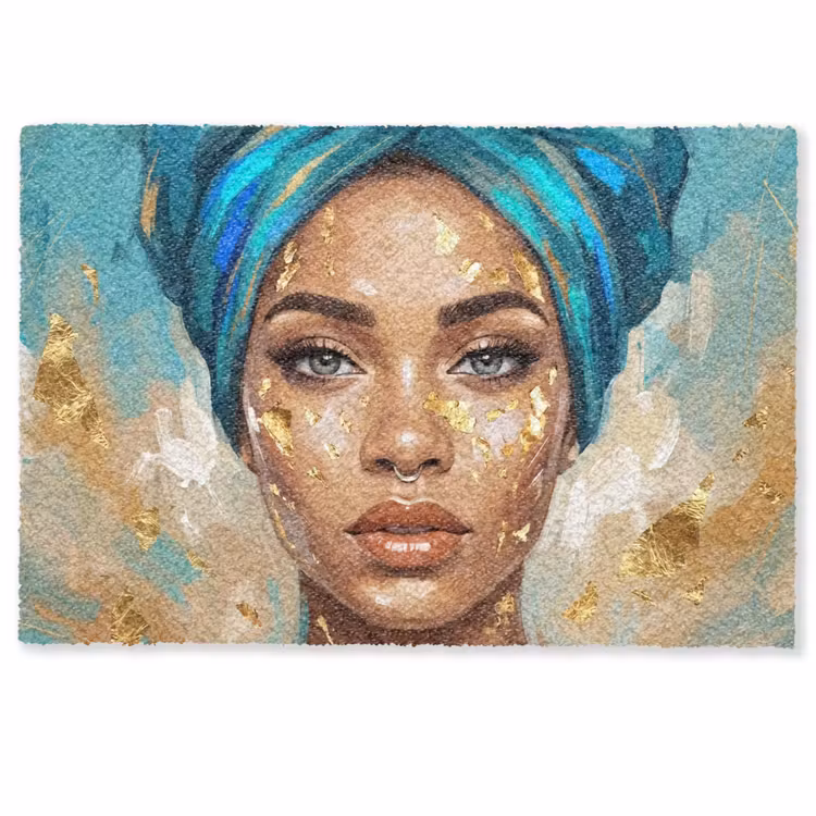Portret - Vrouw - Schilderij - Blauw - Goud - Expressief Deurmat klein -zkaufland3d