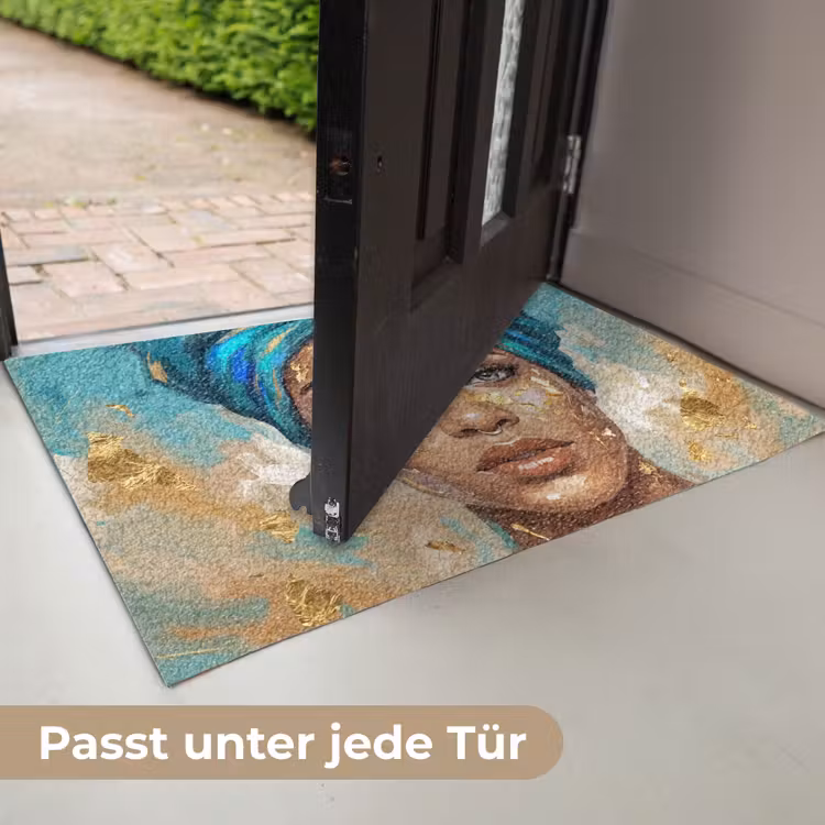 Portret - Vrouw - Schilderij - Blauw - Goud - Expressief Deurmat klein -USP_DE