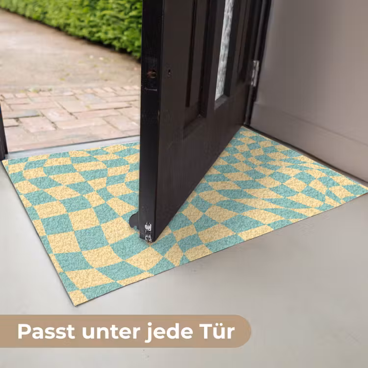 Hokjes patroon - Geel - Blauw - Golvende lijnen Deurmat klein -USP_DE