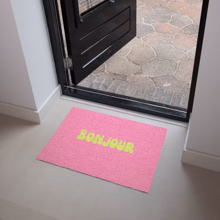 Roze - Groene bonjour - Organisch Deurmat klein -sfeer5