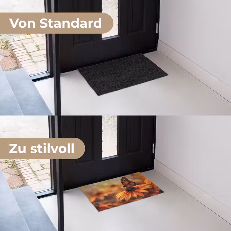 Vlinder - Bloemen - Oranje Deurmat klein -voor-na_DE