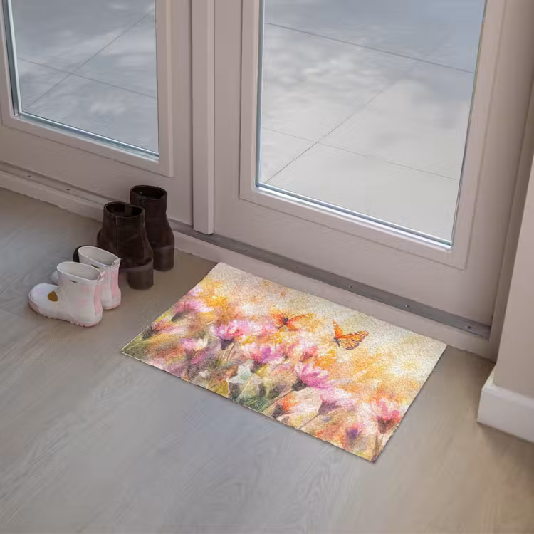 Vlinders - Oranje - Bloemen Deurmat klein -sfeer3