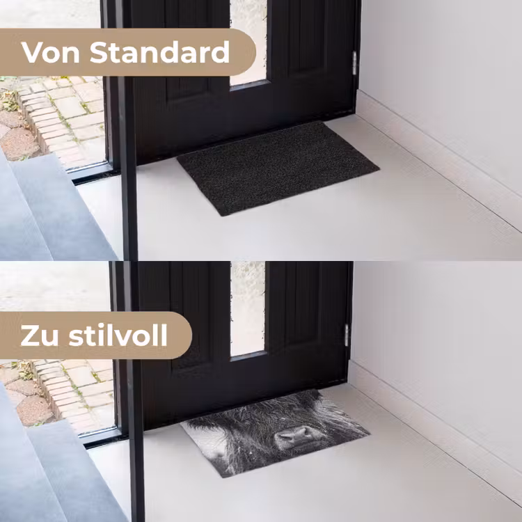 Schotse hooglander - Zwart - Wit - Sneeuwvlokken Deurmat klein -voor-na_DE