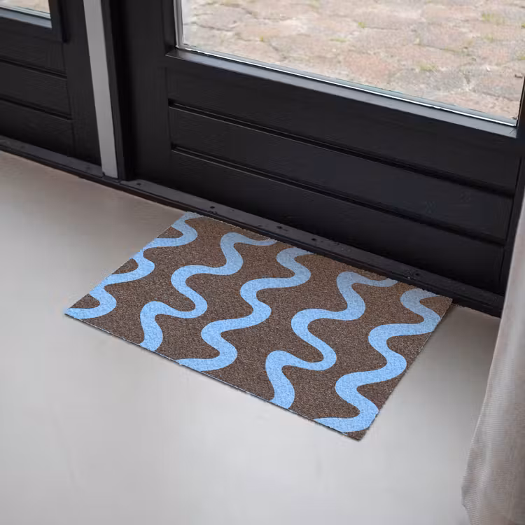 Kronkelende lijnen - Blauw - Bruin - Minimalistisch Deurmat klein 898 -sfeer2