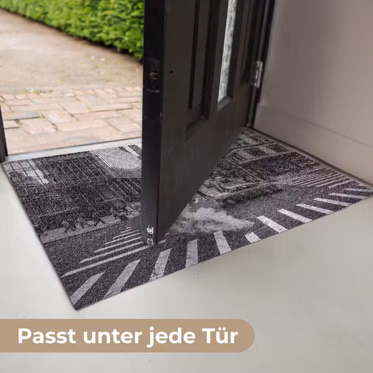 Fußmatte - Stadt – Straße – Gebäude – Verkehr – Schwarz-Weiß - Stad - Straat - Gebouwen - Verkeer - Zwart-wit Deurmat klein