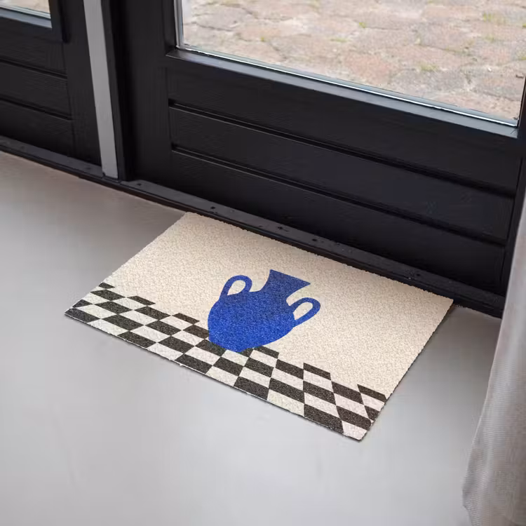 Vaas - Blauw - Geblokt - Modern Deurmat klein -sfeer2