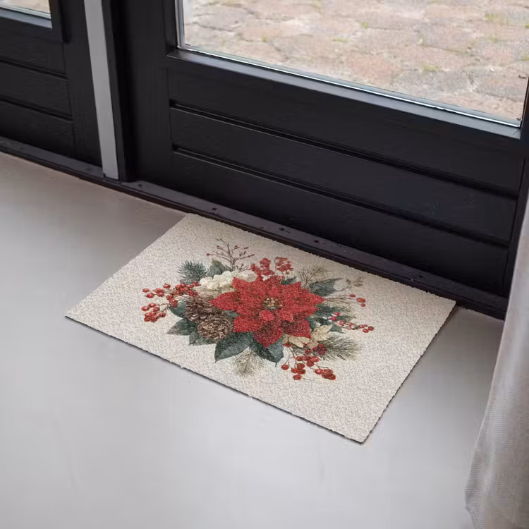 Kerststuk - Poinsettia - Dennenappels - Rood Deurmat klein -sfeer2