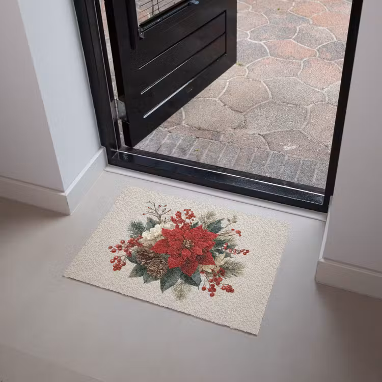 Kerststuk - Poinsettia - Dennenappels - Rood Deurmat klein -sfeer5