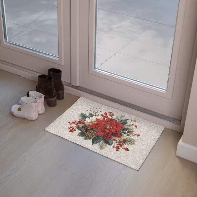 Kerststuk - Poinsettia - Dennenappels - Rood Deurmat klein -sfeer3