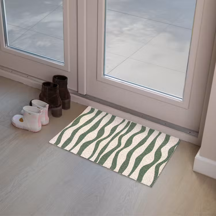 Golvende lijnen - Beige - Groen - Strepen - Abstract Deurmat klein -sfeer3