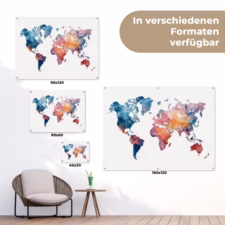 Waterverf - Blauw - Geschilderd - Wereldkaart tuinposter los doek klein -Xsfeer9_DE