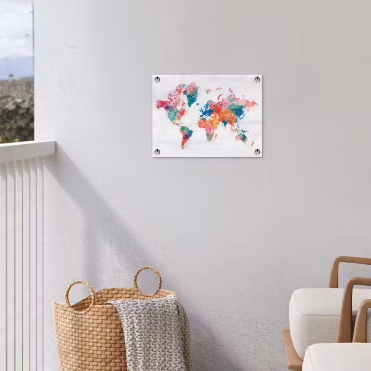 Waterverf - Wereldkaart - Kleurrijk - Continenten tuinposter los doek klein -sfeer8