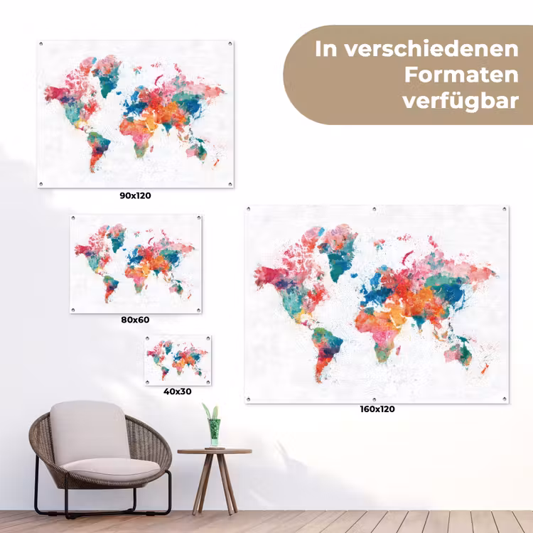 Waterverf - Wereldkaart - Kleurrijk - Continenten tuinposter los doek klein -Xsfeer9_DE