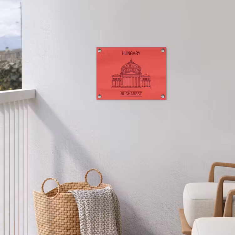 Architectuur - Boekarest - Stedelijk - Lijntekening - Rood tuinposter los doek klein -sfeer8