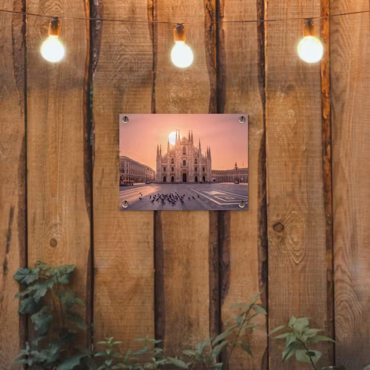 Architectuur - Milaan - Plein - Zonsopgang - Oranje tuinposter los doek klein -sfeer1