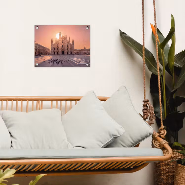 Architectuur - Milaan - Plein - Zonsopgang - Oranje tuinposter los doek klein -sfeer7