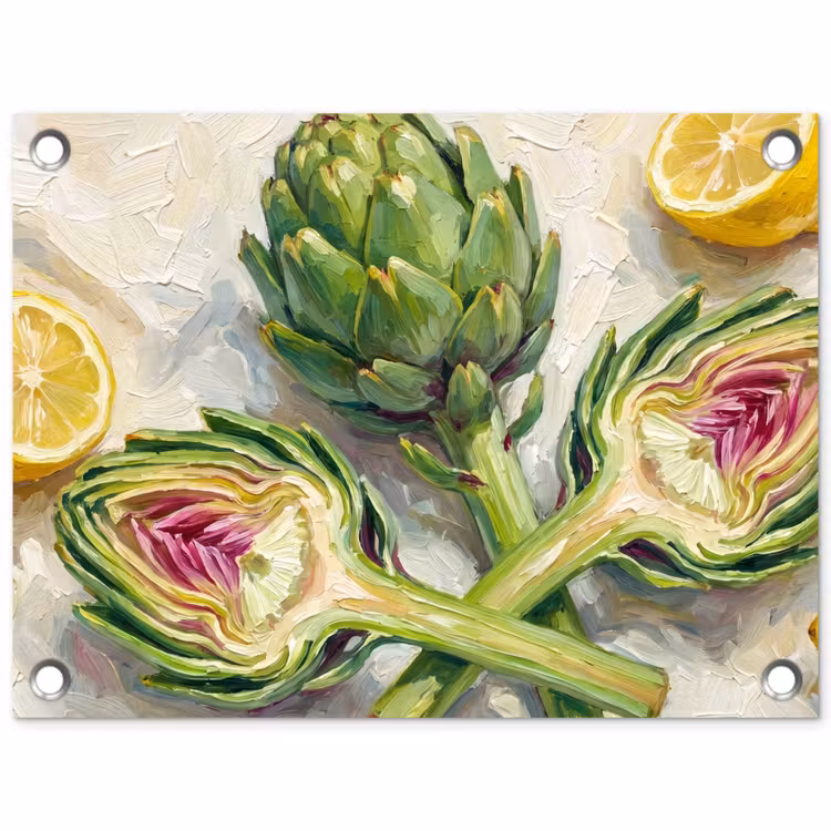 Gartenposter - Artischocke – Zitrone – Essen - Artisjok - Citroen - Eten tuinposter los doek klein