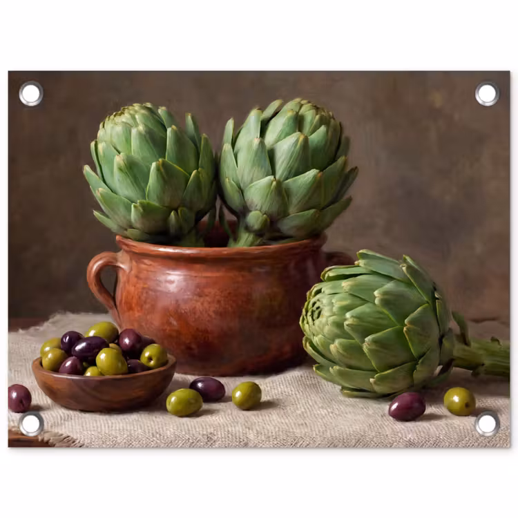 Gartenposter - Artischocken – Oliven – Essen - Artisjokken - Olijven - Eten tuinposter los doek klein