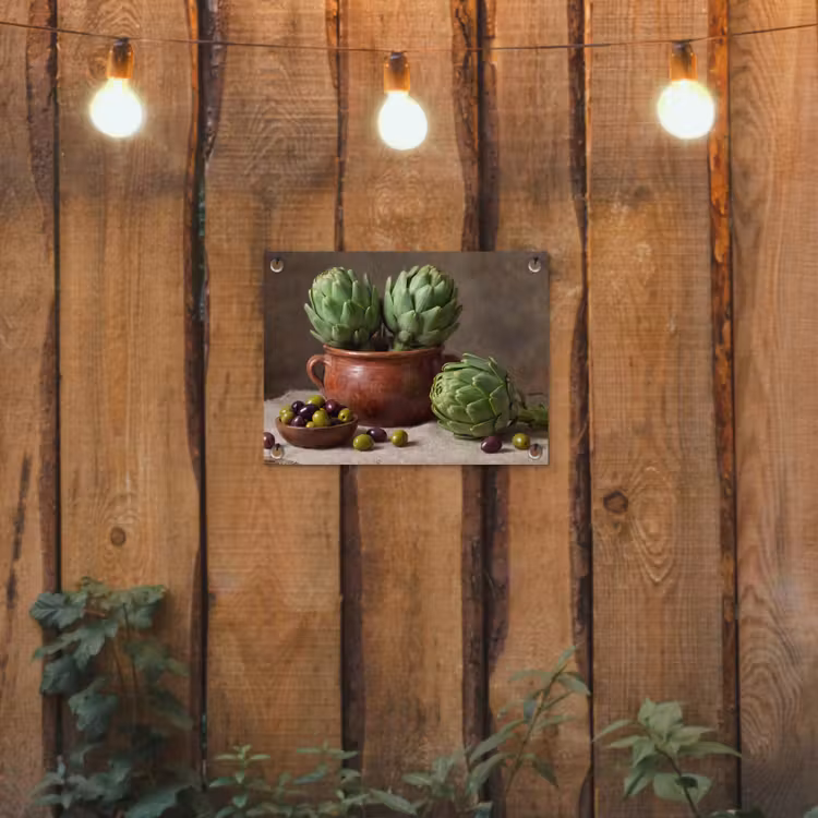 Gartenposter - Artischocken – Oliven – Essen - Artisjokken - Olijven - Eten tuinposter los doek klein