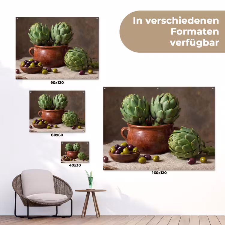 Gartenposter - Artischocken – Oliven – Essen - Artisjokken - Olijven - Eten tuinposter los doek klein