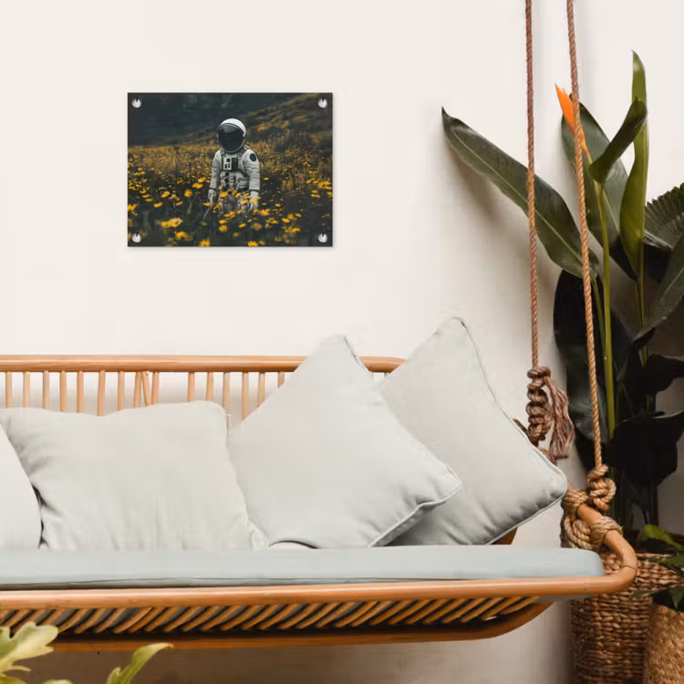 Astronaut - Bloemen - Veld - Geel tuinposter los doek klein -sfeer7