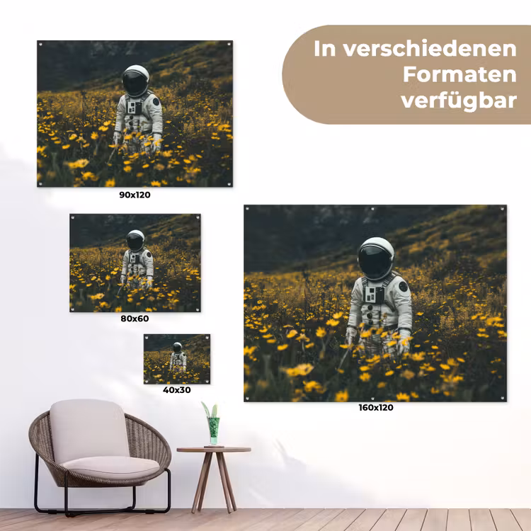 Astronaut - Bloemen - Veld - Geel tuinposter los doek klein -Xsfeer9_DE