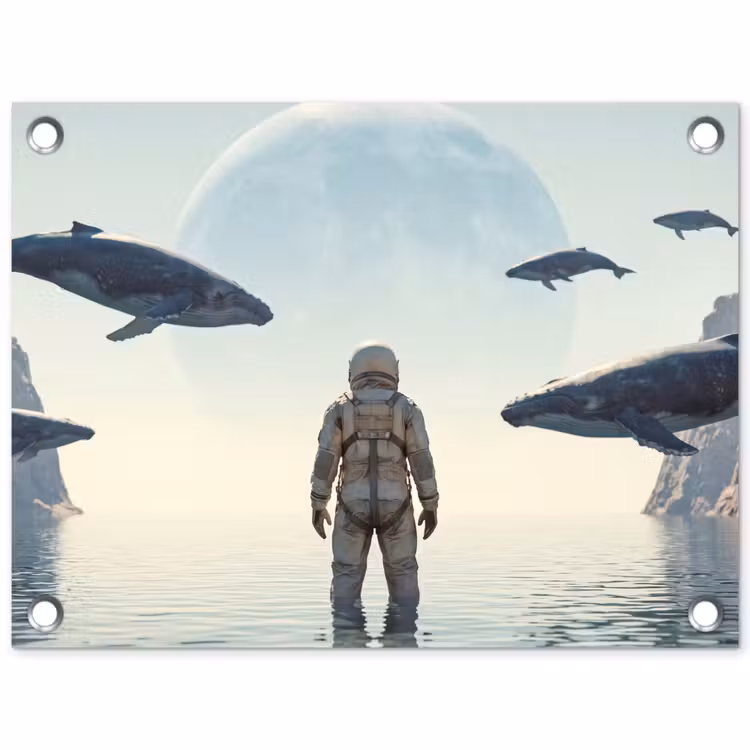 Gartenposter - Astronaut – Wal – Fantasie - Ruimtevaarder - Walvis - Fantasie tuinposter los doek klein