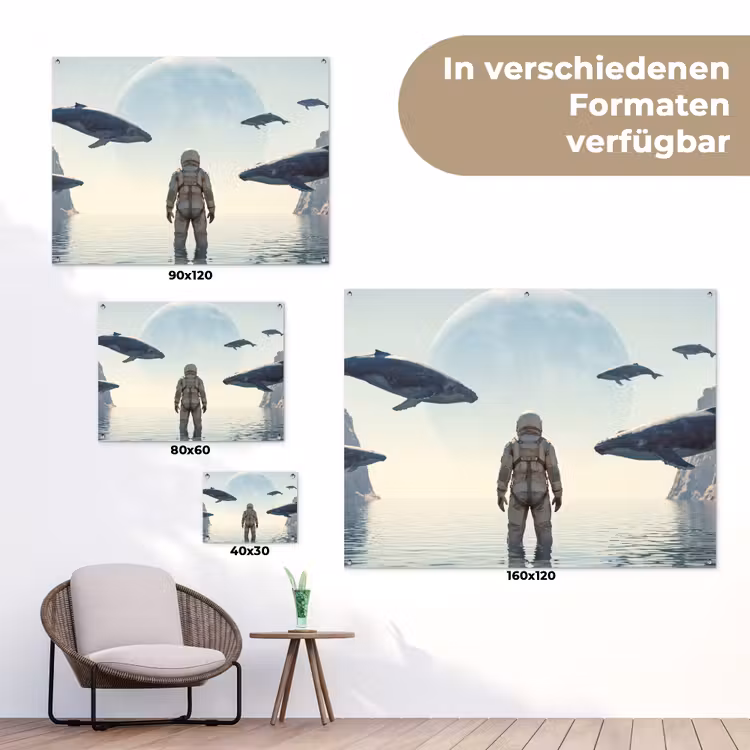 Gartenposter - Astronaut – Wal – Fantasie - Ruimtevaarder - Walvis - Fantasie tuinposter los doek klein