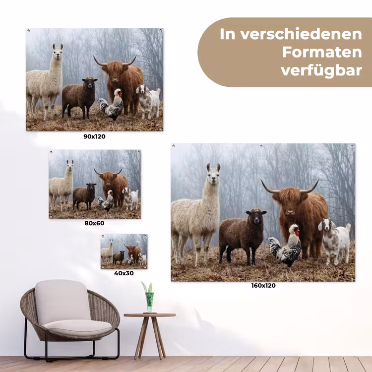 Boerderijdieren - Groep - Mist - Natuur - Rustiek tuinposter los doek klein -Xsfeer9_DE