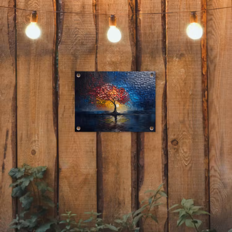 Boom - Blauw - Bladeren - Vakken tuinposter los doek klein -sfeer1