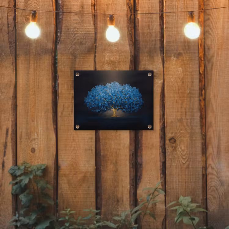 Boom - Blauw - Bladeren - Penseelstreken tuinposter los doek klein -sfeer1