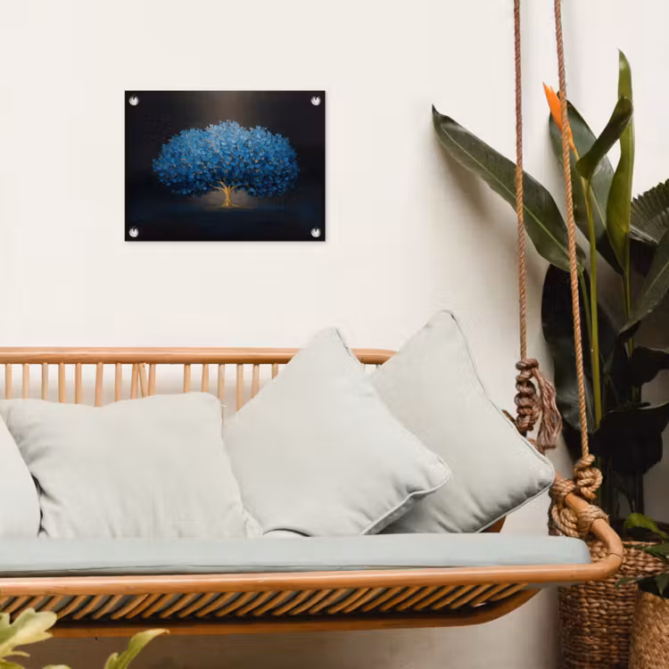Boom - Blauw - Bladeren - Penseelstreken tuinposter los doek klein -sfeer7
