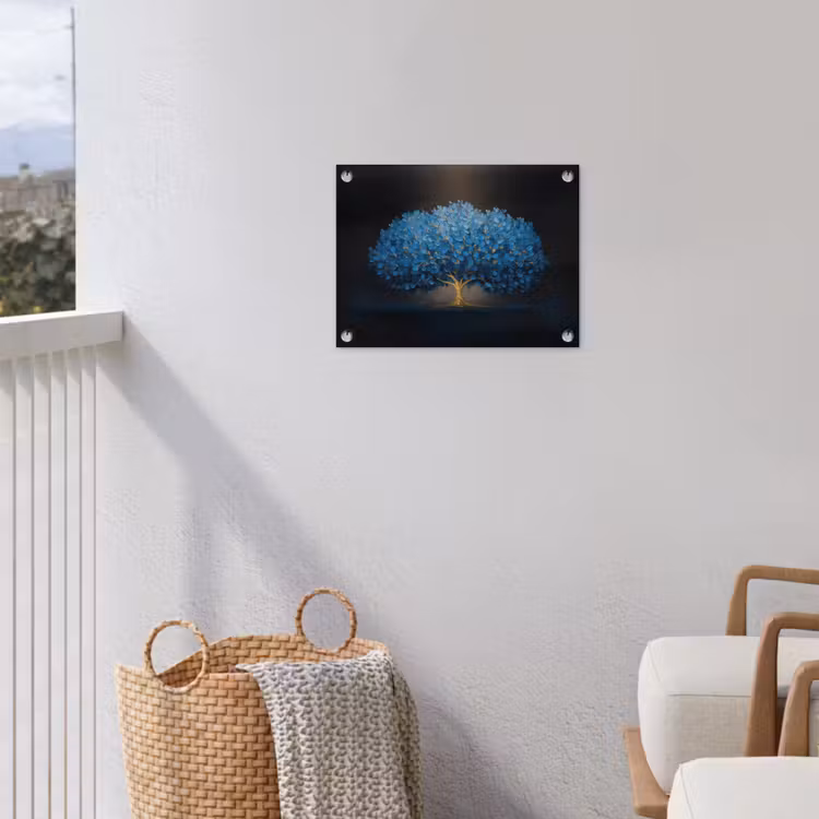Boom - Blauw - Bladeren - Penseelstreken tuinposter los doek klein -sfeer8