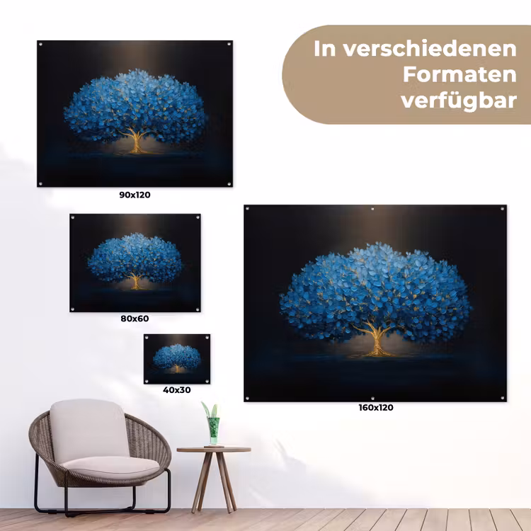 Boom - Blauw - Bladeren - Penseelstreken tuinposter los doek klein -Xsfeer9_DE