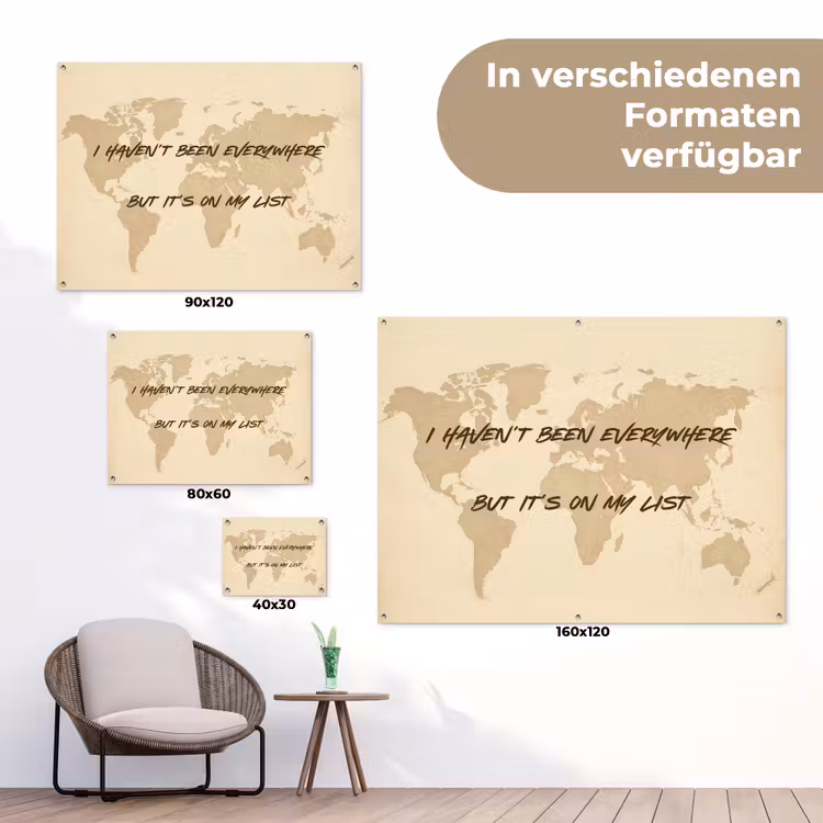 Beige - Wereldkaart - Quote - Handgeschreven tuinposter los doek klein -Xsfeer9_DE