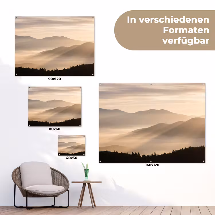 Bergen - Mist - Zonnestralen tuinposter los doek klein -Xsfeer9_DE