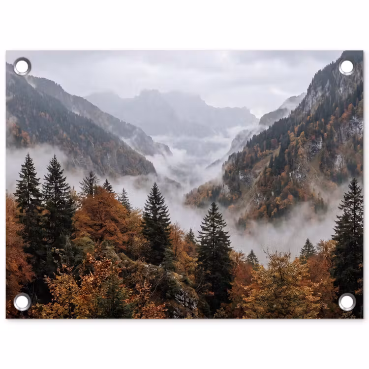 Bergen - Vallei - Mist - Herfst - Natuur tuinposter los doek klein -3d