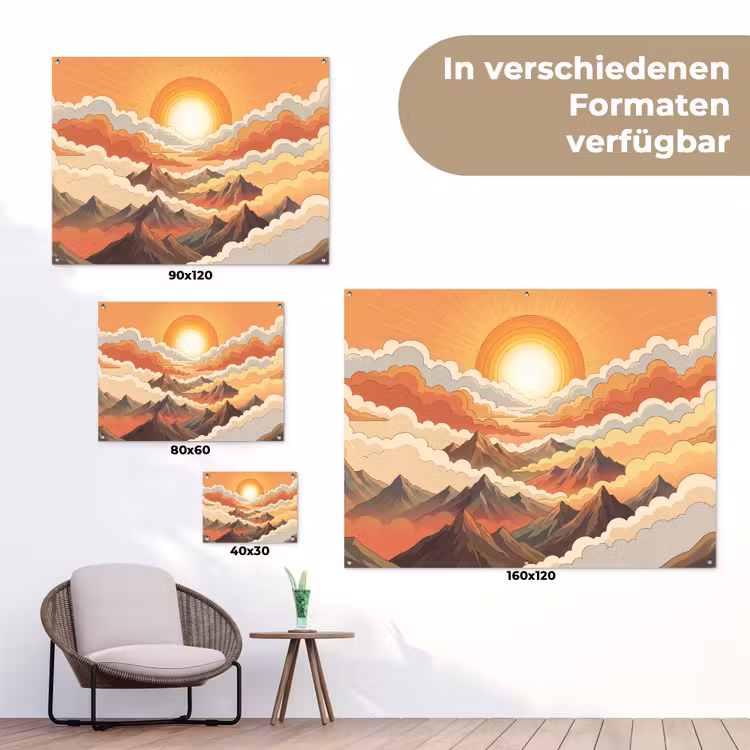 Bergen - Wolken - Natuur - Zonsopgang - Oranje tuinposter los doek klein -Xsfeer9_DE