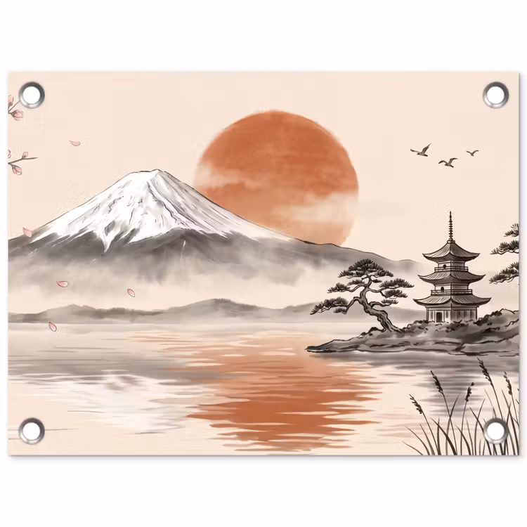 Bergtop - Meer - Bloesem tuinposter los doek klein -3d