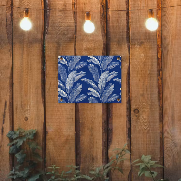 Blad - Palm - Blauw tuinposter los doek klein 239 -sfeer1