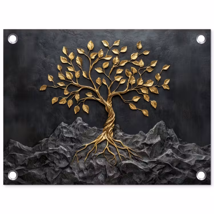 Bladeren - Goud - Boom - Rots tuinposter los doek klein -3d